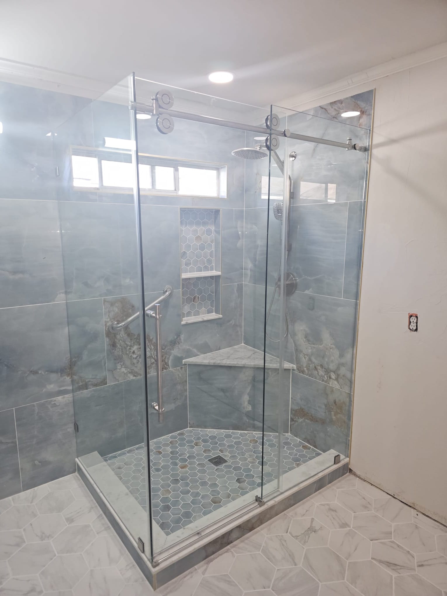 Corner Shower — Blue Stone
